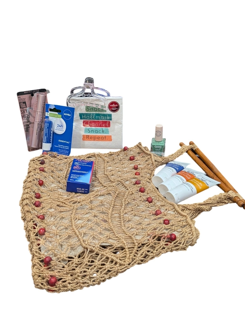 Beach Essentials With Handwoven Macramé Market Tote Bag